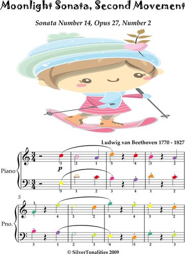 Moonlight Sonata Second Movement Easy Piano Sheet Music with Colored Notation