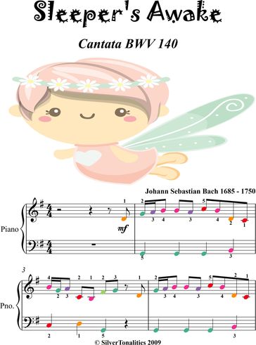 Sleeper's Awake BWV 140 Easy Piano Sheet Music with Colored Notes