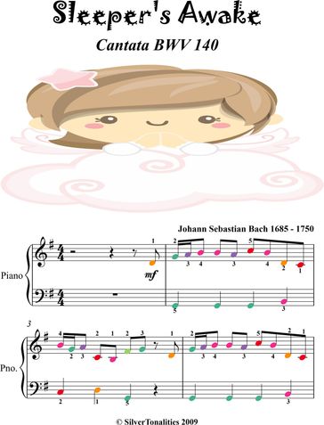 Sleepers Awake Cantata BWV 140 Easy Piano Sheet Music with Colored Notes