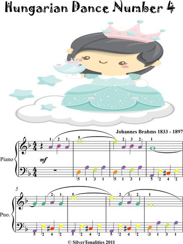 Hungarian Dance Number 4 Easy Piano Sheet Music with Colored Notes