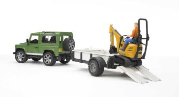 Bruder 02593 - Land Rover Defender E Rimorchio Con Jcb Micro Escavatore Con Personaggio