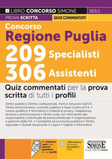 Concorso Regione Puglia 209 Specialisti, 306 Assistenti. Quiz Commentati Per La Prova Scritta Di Tutti I Profili-image