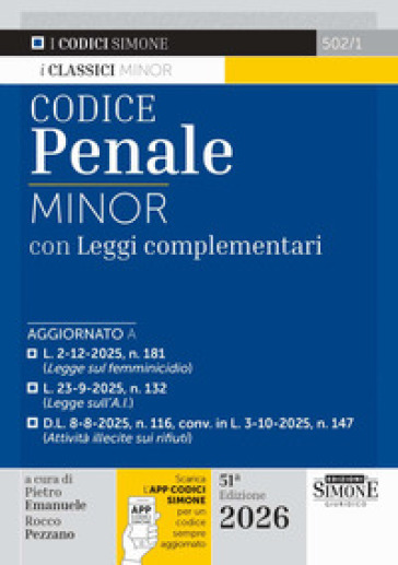 Codice Penale Minor. Leggi complementari. Con APP CODICI SIMONE per un codice sempre aggiornato