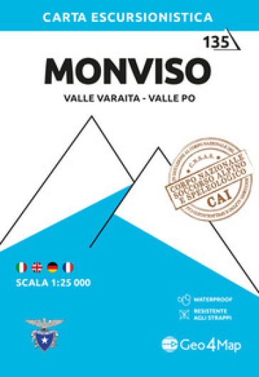 135 Monviso. Valle Varaita, Valle Po. Carta escursionistica 1:25 000. Ediz. multilingue